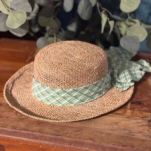 Fun Straw Hat with Green Plaid Ribbon